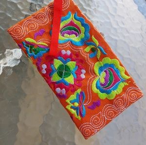 Orange Boho Colorful Embroidered Clutch